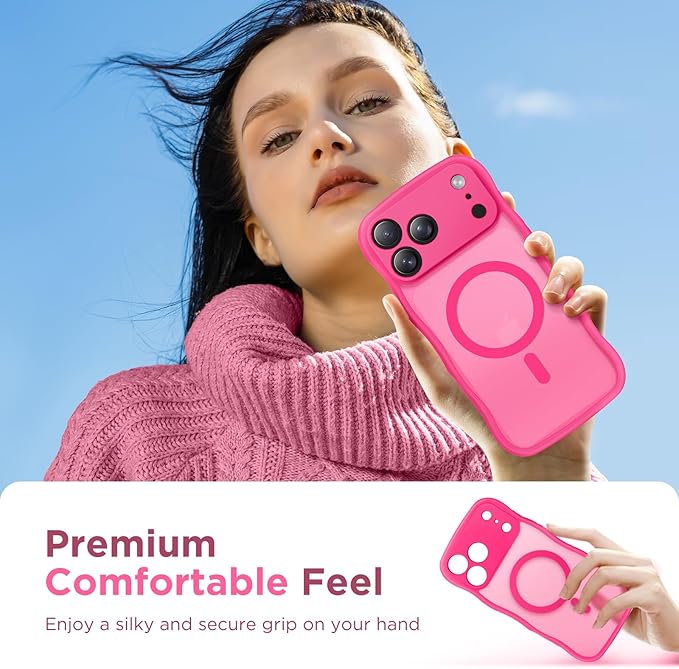CAPRARO Magnetic for iPhone 17 Pro Case for Women Girls, Upgraded [Full Camera Protection] [Compatible with MagSafe] Cute Wave Translucent Matte Phone Case for iPhone 17 Pro, Hot Pink