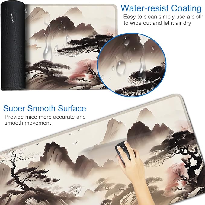 Mousepad, 31.5x15.7 inch Large Extended Gaming Computer Keyboard Mouse Mat, Water Resist Non-Slip Mousepad Rubber Base Long XXL Mouse Pad for Work & Gaming, Office & Home, Landscape Painting