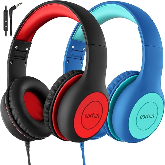 EarFun 2Packs Kids Headphones Wired with Microphone, 85/94dB Volume Limit Headphones for Kids, Portable Wired Headphone with Shareport, Stereo Sound Foldable Headset for School/Tablet/iPad/Kindle