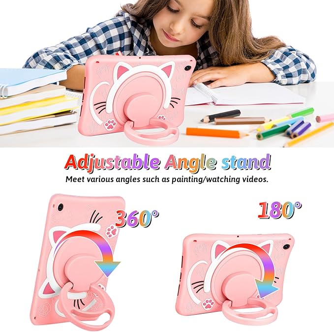 Dteck for iPad 10.9" 10th Generation Case Kids,Cute Cartoon 3D Unique Design Light Rotating Handle Stand Shoulder Strap Soft Silicone Funda Drop Rugged Shockproof Protective Kid-Proof Case,Cat