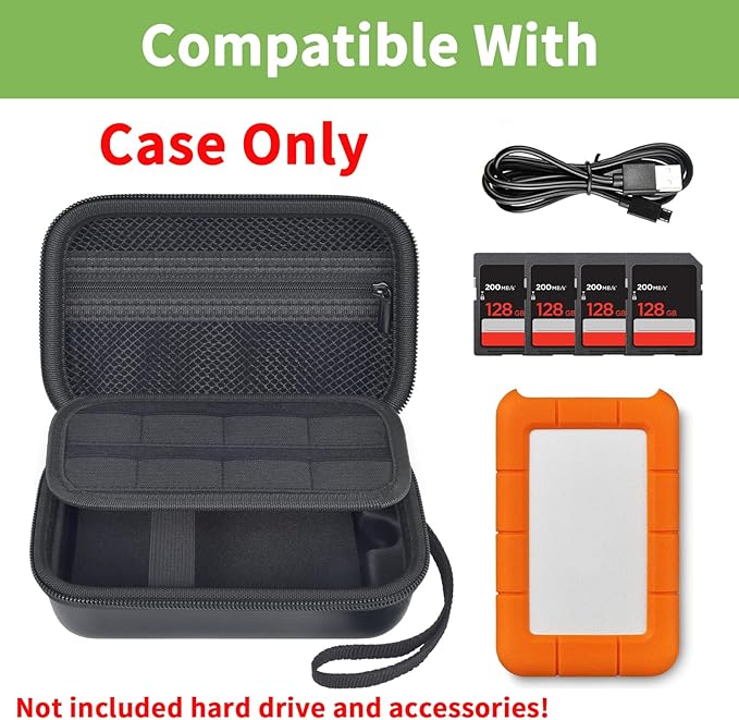 Case for LaCie Rugged Mini 1TB/ 2TB/ 4TB/ 5TB/ Thunderbolt 3.0 2.0 USB-C External Hard Drive Portable HDD, Storage Holder for Hard Drives for Mac and PC Computer & USB Cable SD Cards- Bag Only (Black)