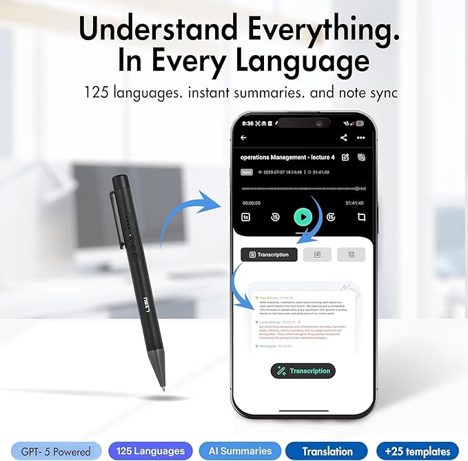 LIMU AI Voice Recorder Pen with App Control - 64GB AI Note Taking Device - ChatGPT 5 Translation, Summaries & Mind Maps (125 Languages), 400 Min/Month, 13h Recording Audio Recorder with Transcription