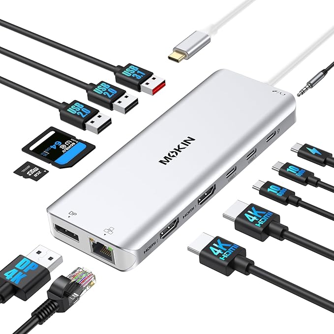 USB C Laptop Docking Station Dual Monitor Dual HDMI 4K DP Triple Display Hub, 13 in 1 MOKiN USB C Hub with 3 Monitors, DisplayPort, USB 3.1, RJ45, 100W PD, Card Reader, Audio/Mic, for Dell HP, Sliver