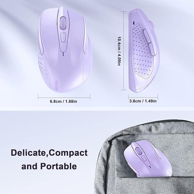 TECKNET Wireless Mouse, 2.4G Ergonomic Optical Mouse, Computer Mouse for Laptop, PC, Computer, Chromebook, Notebook, 6 Buttons, 24 Months Battery Life, 2600 DPI, 5 Adjustment Levels - Lavender