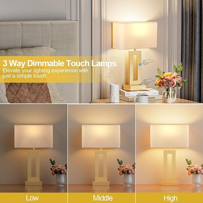 Seealle Bedroom Table Lamps Set of 2 - Touch Bedside Lamps with USB C+A, 3 Way Dimmable Gold Lamp for Nightstand, Modern Night Stands Lamps for Living Room End Tables Desk Bed Side Study Room(16.4n)