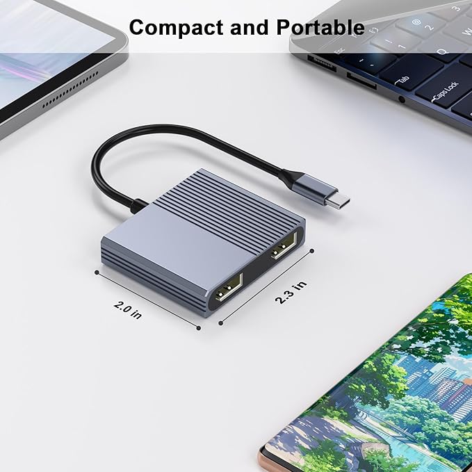 USB C to Dual DisplayPort Adapter, 4K@60Hz Displayport Splitter, Display Port to USB C, Displayport MST Hub, Display Port Splitter for Dual Monitors, DisplayPorts Hub for Dell/Lenovo/HP etc