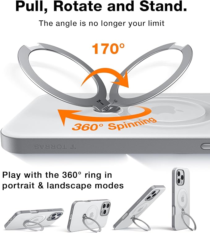 TORRAS 360 Spin Magnetic Stand for iPhone 16 Pro Max Case, Fit for MagSafe, 12FT Mil-STD Shockproof Case for 16 Pro Max Phone Case with Kickstand Rotatable, Grey, 6.9 inch