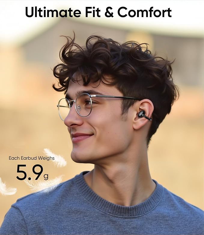 Clip on Earbuds Wireless, Lightweight Open Ear Earbud with Physical Button, Deep Bass Sound Bluetooth 6.0 Headphone Support Dual-Device, 60H Play Time, Ideal for Workout, Running, Subway