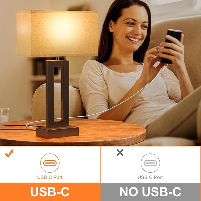 Seealle Bedroom Lamps for Night Stands - Touch Control, 3 Way Dimmable, USB C+A Charging, LED Bulbs, Easy Assembly(Yellow&Brown)