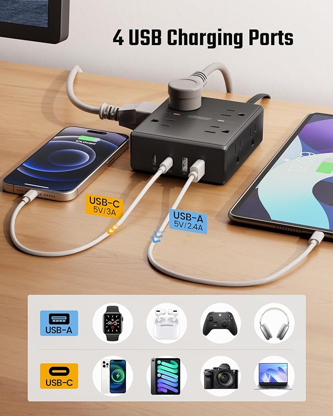 10Ft Extension Cord with Multiple Outlets, Flat Plug Power Strip Surge Protector with 10 Ft Long Cord, 8 Outlet 4 USB Ports (2 USB C), Multi Outlet Wall Plug for Office, College, Dorm Room Essentials