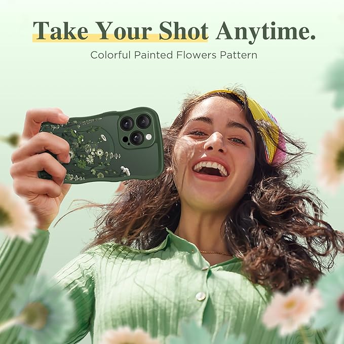 GVIEWIN for iPhone 14 Pro Max Case Compatible with MagSafe [Curly Wave Edge][Full Camera Protection] Floral Translucent Shockproof Magnetic Women Phone Case for 14 Pro Max, Floratopia/Forest Green