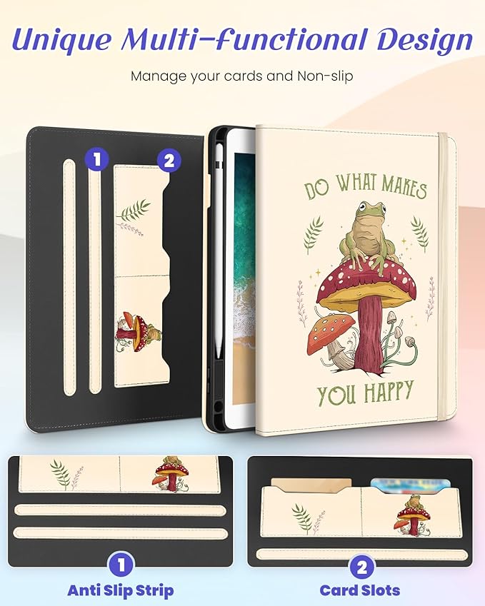 Kidcube for iPad 5th Generation Case 2017/Air 1st 2013/Pro 9.7 Inch Case 2016 - Women Girls Kids Cute Rotating Stand Folio Cover with Pencil Holder & Card Slot Cool Frog Mushroom Unique Design Cover