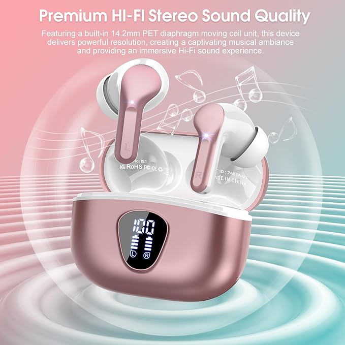 Wireless Earbuds, Bluetooth 5.4 Headphones HiFi Stereo, Bluetooth Earbuds with ENC Noise Cancelling Mic, IP7 Waterproof in Ear Earphones, 48H, LED Display Ear buds for Pad Workout Sports, Rose Gold