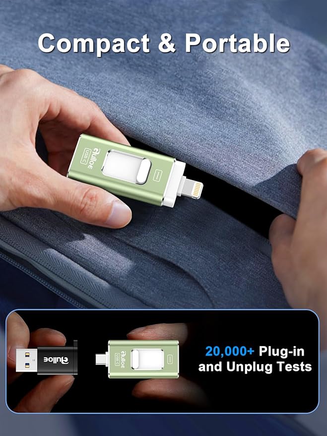 Gulloe 512GB Dual Interface Flash Drive for Phone Storage Photos Videos, Phone USB Backup External Photo Memory Stick - No App Required, Compatible with iPhone, iPad, Android & PC (Sage Green)