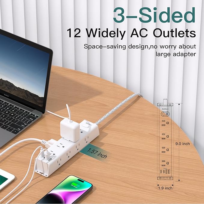 Surge Protector Power Strip - 10 FT Extension Cord, Power Strip with 12 Widely AC Outlet 4 USB, Flat Plug Wall Mount Overload Protection, 1050J, Desk Charging Station for Home Office, ETL Listed,White