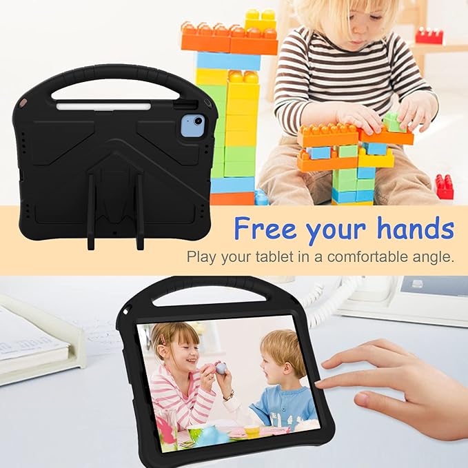 Kids Case for iPad A16 11th/10th Generation 2022/2025 11-Inch iPad Cover with Pencil Holder, Techcircle Lightweight Shockproof EVA Foam Rugged Handle Stand Anti-Slip Grip Protective Case, Black