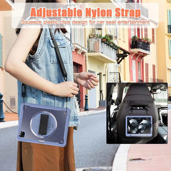 Batianda Case for iPad Pro 11-inch 2022 4th M2 Chip /2021 (3rd Generation) Heavy Duty Rugged Shockproof Tablet Cover with 360° Rotating Hand Strap Foldable Hidden Stand & Shoulder Strap, Lavender