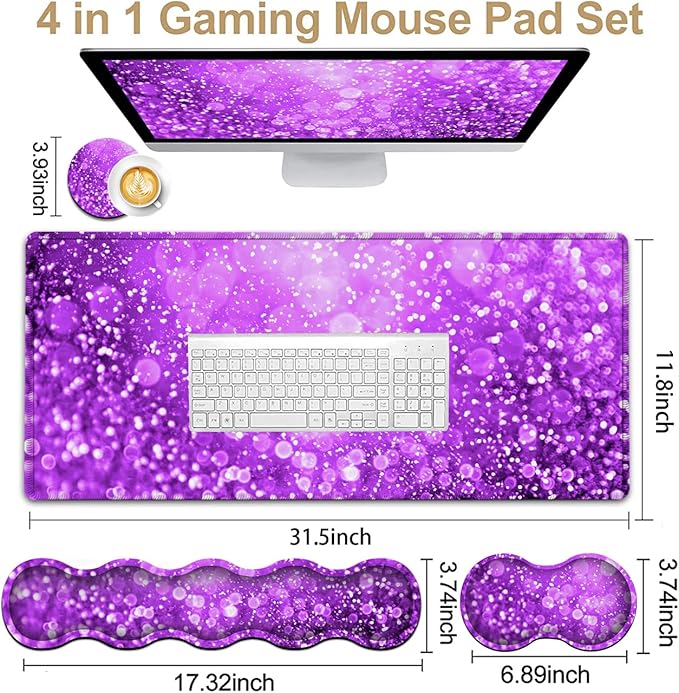 Large Gaming Mouse Pad (31.5x11.8 in), Rubber Base XXL Mousepad with Stitched Edges, Ergonomic Keyboard Wrist Rest, Extended Mouse Mat Desk Pad for Work, Game, Office, Purple Mousepad