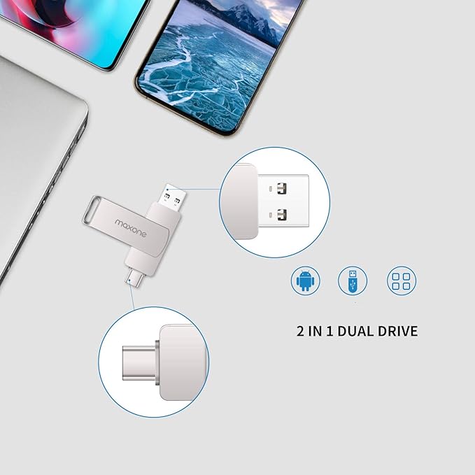 Maxone 128GB Flash Drive USB Type C Both 3.1 Tech - 2 in 1 Dual Drive Memory Stick High Speed OTG Compatible for Android Smartphone Computer, Mac Book, Chromebook