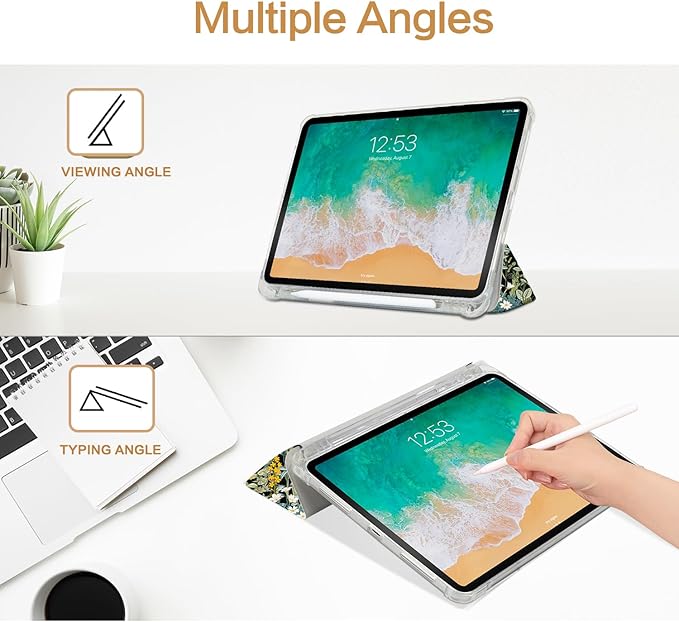 for iPad Air 11 Inch Case M4/M3/M2 2026, for iPads Air 5Th/4Th Gen Cases,for iPad Pro 11 Inch Case 4Th/3Rd/2Nd/1St Generation Slim Pencil Holder 2 Viewing Stand Typing Stand, Black Flower