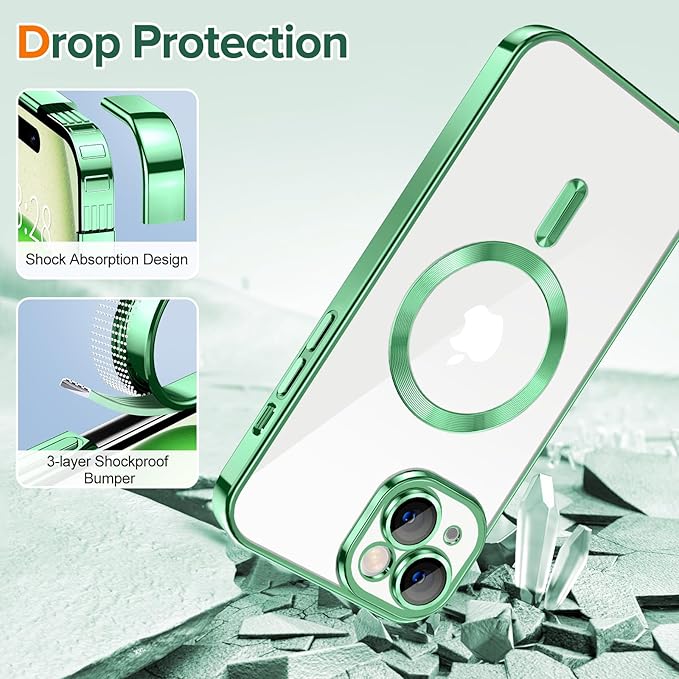 Hython Magnetic Clear for iPhone 15 Case with Camera Lens Protector [Compatible with MagSafe] Luxury Plating Edge Slim Soft TPU Cover Protective Phone Case for iPhone 15 6.1", Light Green