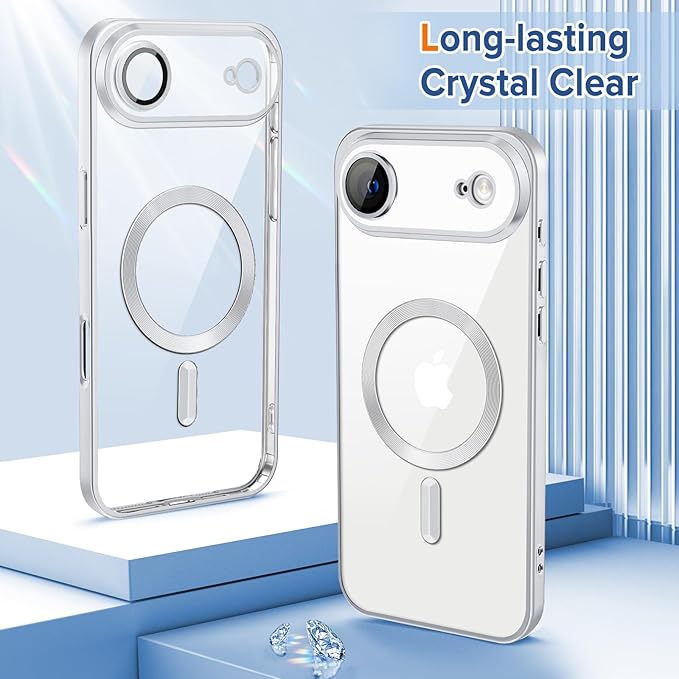 Hython Magnetic Clear for iPhone Air Case with Camera Lens Protector [Compatible with MagSafe] Luxury Plating Edge Slim Soft TPU Cover Protective Phone Case for iPhone Air 6.5", Matte Silver