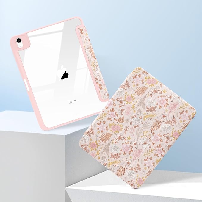 MrARTIST for iPad Air 11 Inch Case M3/M2 - Air 5th/4th Generation 10.9" Cute Women Girls Girly Kawaii Aesthetic Kawaii Design for Apple Air Tablet Cover with Pencil Holder, Pink Floral