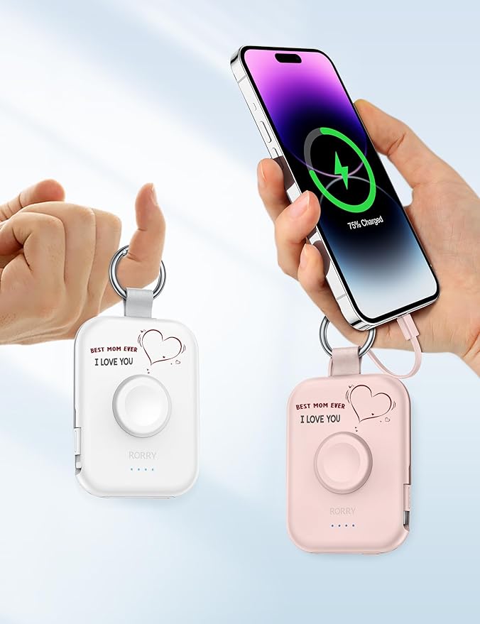 RORRY Portable Charger, 5000mAh Portable Charger Power Bank with Built-in Cables, Travel Keychain Battery Pack for Apple Watch Ultra/11/10/9/8/7/6/SE, iPhone Air/17/16/15/14/13/12, Mom-Pink