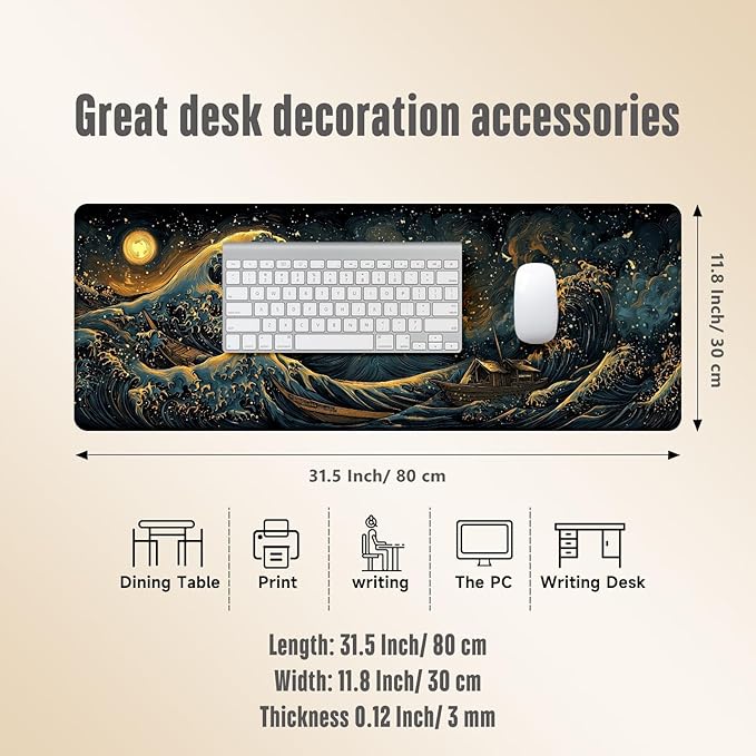 Extended Gaming Mouse Pad, Large Mouse Mat 3 mm Nature Rubber Base Mousepad with Stitched Edges, Non-Slip Desk Mat for Office Home Great Gift 31.5x11.8 Inch (Great Wave 2)