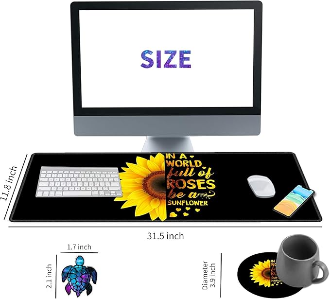 Desk Pad Mat Large Mouse Pad XL Extended Mousepad Gaming with Sunflower Black 31.5" *11.8" Huge Mouse Pads for Computer Laptop Home Office + Cup Coaster