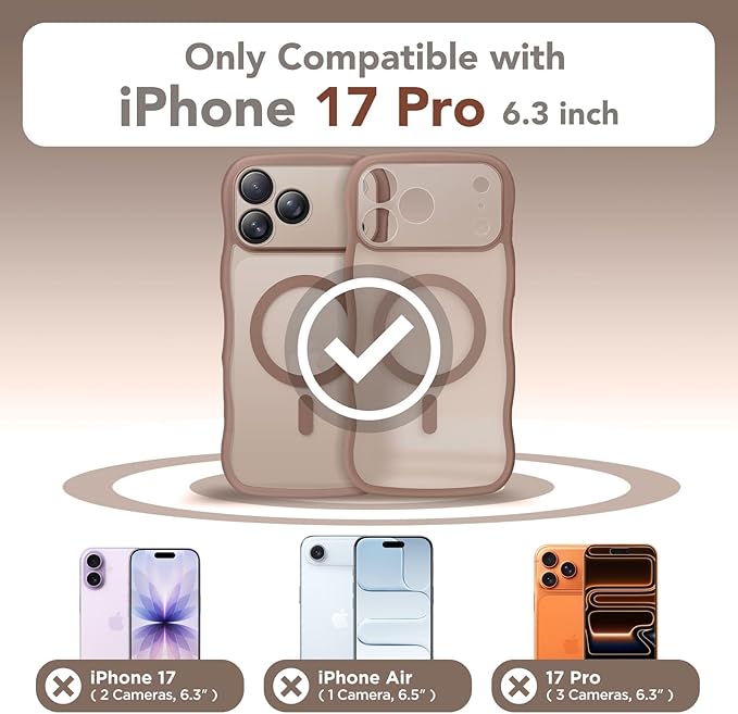 CAPRARO Magnetic for iPhone 17 Pro Case for Women Girls, Upgraded [Full Camera Protection] [Compatible with MagSafe] Cute Wave Translucent Matte Phone Case for iPhone 17 Pro, Clear Brown
