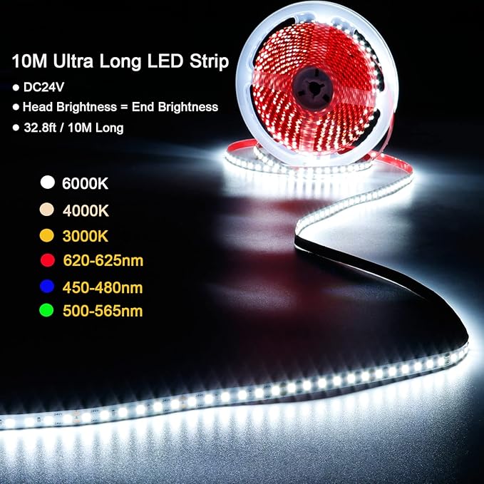 24V 32.8ft(10M) Blue LED Strip Light 1200LEDs 2835 SMD 90W High Brightness No-Waterproof IP20 Flexible Ribbon for Kitchen Garden Backyard Hallways Stairs Decoration Lighting(No Power Supply)