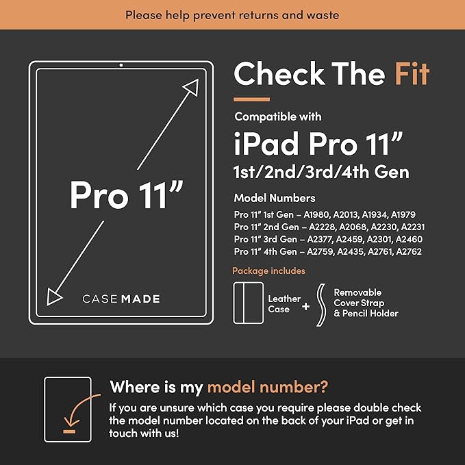 Casemade Real Leather Case Compatible with iPad Pro 11” 1st/2nd/3rd/4th Gen (2018/2020/2021/2022) - Full-Grain Leather Cover, Auto Sleep/Wake, Dual Stand Position (Black)