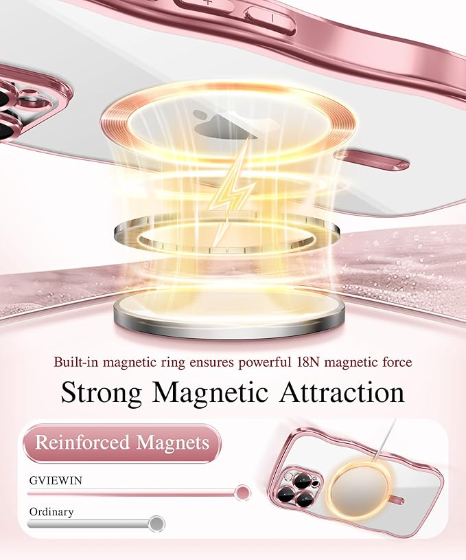 GVIEWIN for iPhone 16 Pro Case Compatible with MagSafe, Upgraded [Full Camera Protection][Cute Wave Frame][Military Grade Protection] Electroplated Soft Phone Cover for Women Girl, Clear/Pink