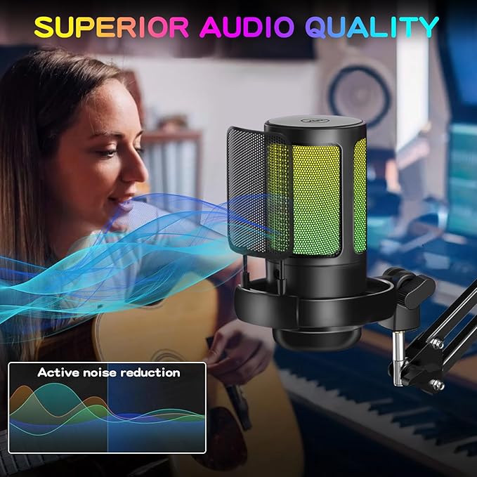 KingSom Gaming USB Microphone,Noise Cancellation Condenser Mic with Boom Arm,Podcast Microphones RGB Computer Mic,Streaming Microphone with Pop Filter, Mute Button,Gain for Recording,Discord,YouTube