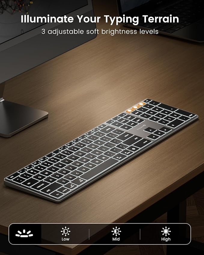 ProtoArc Backlit Wireless Keyboard for Mac, K110-A Aluminum Full Size Ultra Slim Bluetooth Keyboard for iPad, Multi-Device, Low Profile, Rechargeable, for MacBook Pro/Air, iMac, Mac mini, Space Gray