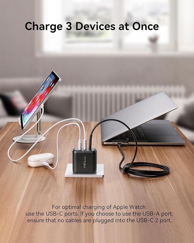 MINLU 65W USB C Charger Block,GaN 3-Port Compact Fast PPS Type C Wall Charger with 6Ft 100W 2 in 1 USB-C/L Cable,Fast Charging for MacBook Pro/Air,iPad,iPhone 17/16/15 and More Series,Galaxy S24 UItra