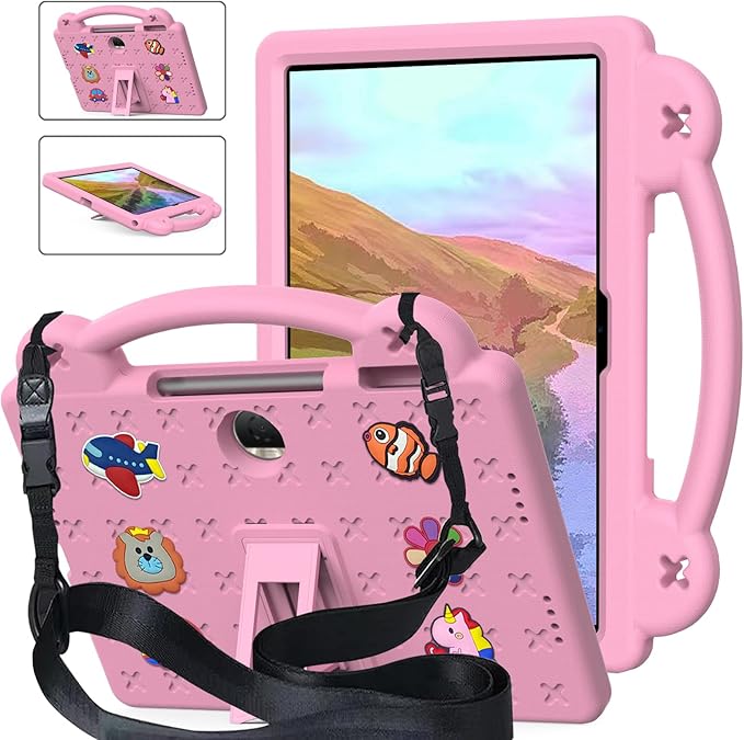 AKABEILA Compatible with Honor Pad 9 2023 12.1 inch Tablet Case, Kids Friendly Universal Lightweight Shockproof Protective Case with Shoulder Strap & Stand Handle & Pen Tray Pink