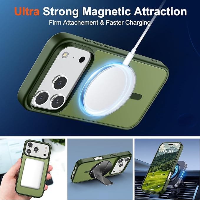 SUPFINE Magnetic for iPhone 17 Pro Case (Compatible with MagSafe)(Military Grade Drop Protection) Translucent Matte Shockproof with Anti-Fingerprint Phone Cover,Cangling Green