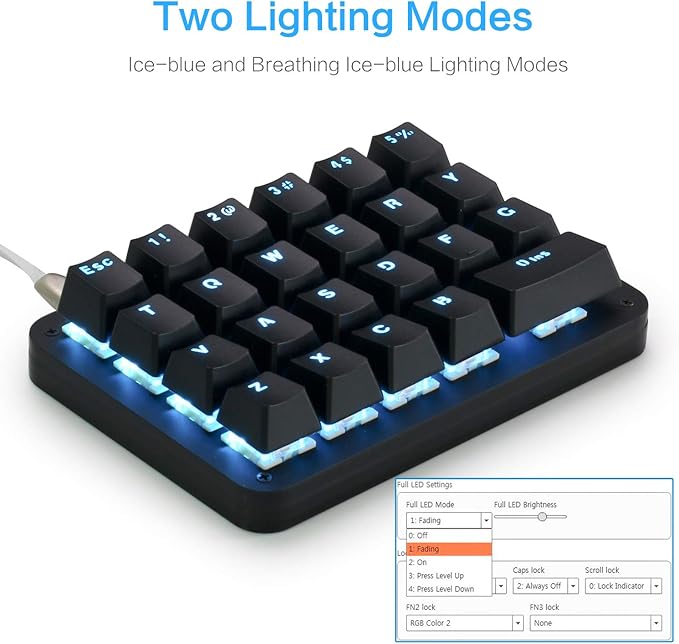 Koolertron 23-Key One-Handed Mechanical Keypad, Blue LED Backlit Portable Mini One-Handed Mechanical Gaming Keypad 23 Fully Programmable Keys