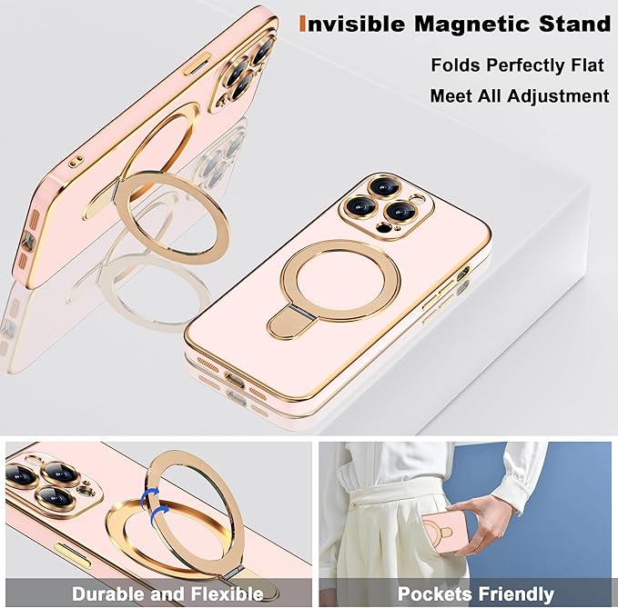 Compatible with iPhone 13 Pro Case with Invisible Magnetic Ring Stand [Compatible with Mag-Safe] [Full Camera Lens Protector] Soft Plating Phone Case for iPhone 13 Pro 6.1", Solid Pink