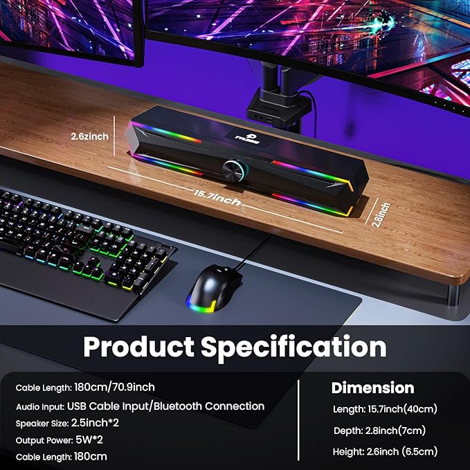 Tylubio Computer Speakers for Pc Desktop with Clear Sound, Flowing LED PC Speaker for Computer Desktop Laptop Monitor, Bluetooth & USB Input
