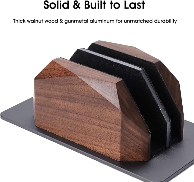 Vertical Laptop Stand for Desk, Dual Slot Wood Laptop Holder to Dock MacBook, MacBook Pro and & Gaming Laptops, Solid Black Walnut, Geometric Sculpted Craftsmanship