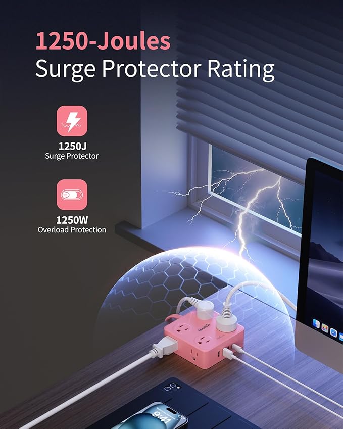 Extension Cord with Multiple Outlets, SMALLRT Power Strips with Surge Protection, 6.5FT Flat Plug Power Strip with USB Ports, 8 Outlets, Outlet Extender Surge Protector Outlet for Home Office, Pink