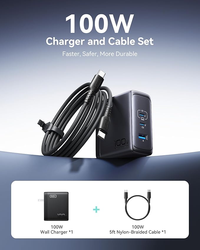 INIU USB C Charger Block, 100W GaN Fast Charging, 3-Port Compact Foldable Travel Charger with Type C Cable, Power Adapter for Mac Book Air Pro 15 14 M3, iPhone 17 16 Pro Max Samsung S26 S24, Switch 2