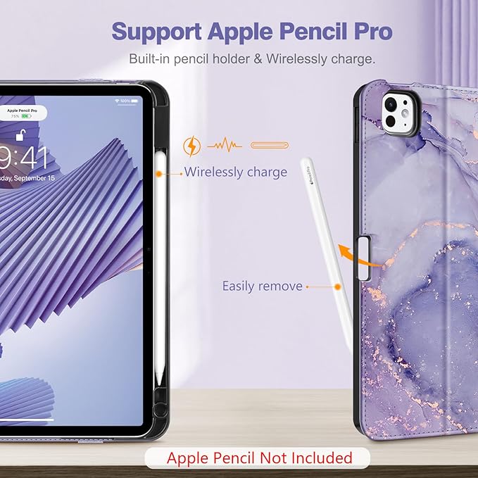 Fintie Folio Case for iPad Pro 11-inch (M5) 2025 / (M4) 2024, Magnetic Multi-Angle Smart Stand Cover with Built-in Pencil Holder & Pocket, Auto Sleep/Wake, Lilac Marble