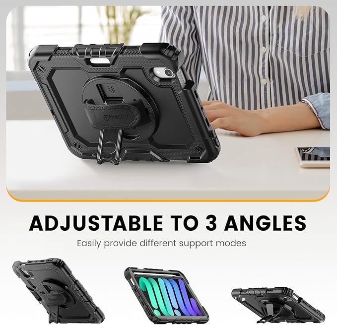 Timecity Case for iPad mini 7 (A17 Pro) 8.3 inch 2024, for iPad mini 6, Protective Case with Screen Protector, Pencil Holder, Rotating Stand & Handle Strap for iPad mini 7th/6th Generation - Black