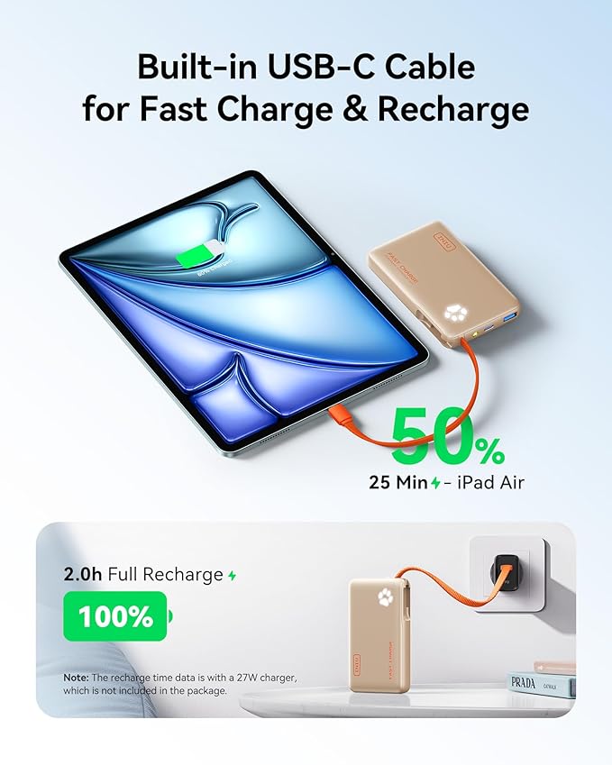 INIU 45W Power Bank, Fast Charging Portable Charger with Built-in USB C Cable, 10000mAh Small Type C Powerbank, Battery Pack for iPhone 17 16 15 14, iPad, Samsung S25 S24 etc Travel Camping, White