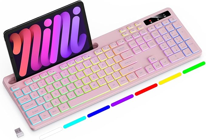 Soueto Wireless Keyboard with 7-Color RGB Backlit, Full-Size Computer Keyboard with Phone Tablet Holder, 2.4G Rechargeable Gaming Keyboard with Light Up Keys, Compatible with Mac, Windows (Pink)
