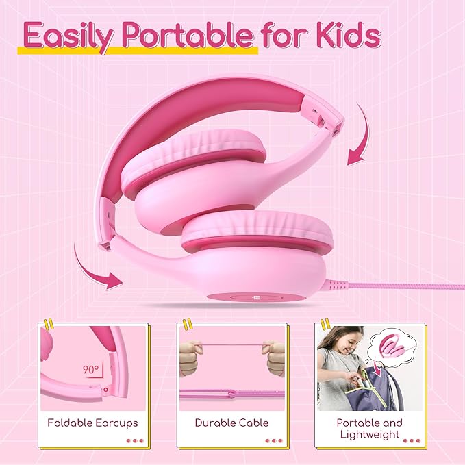 EarFun Kids Headphones Wired with Microphone, 85/94dB Volume Limit Headphones for Kids, Portable Wired Headphone with Shareport, Stereo Sound Foldable Headset for School/Tablet/Kindle Fuscia Pink